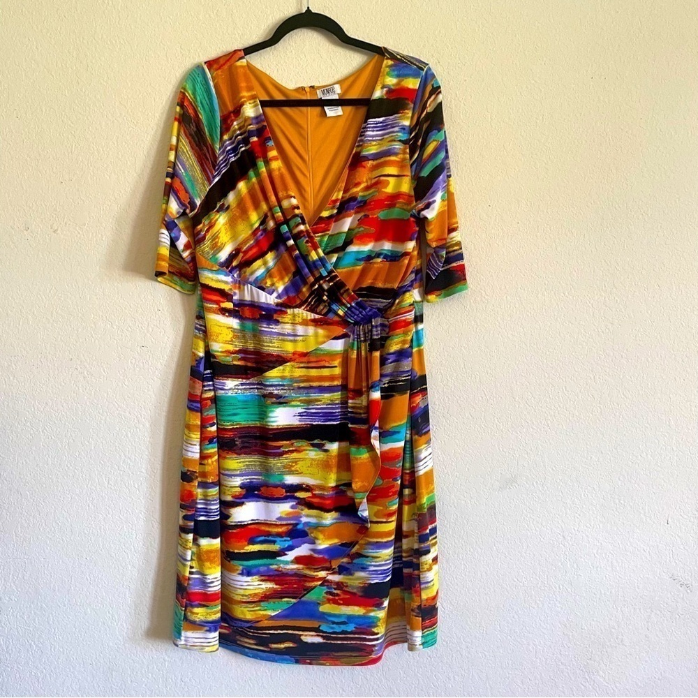 Monroe and Main abstract crossover midi dress size XL yellow business casual